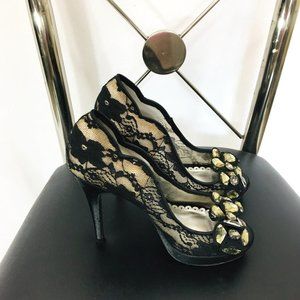 LULU TOWNSEND sexy black  heel 6M peep toe lace